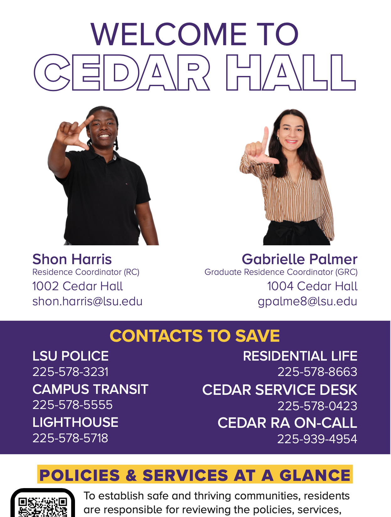 Welcome to Cedar Hall poster with staff contacts and safety policies on a white background