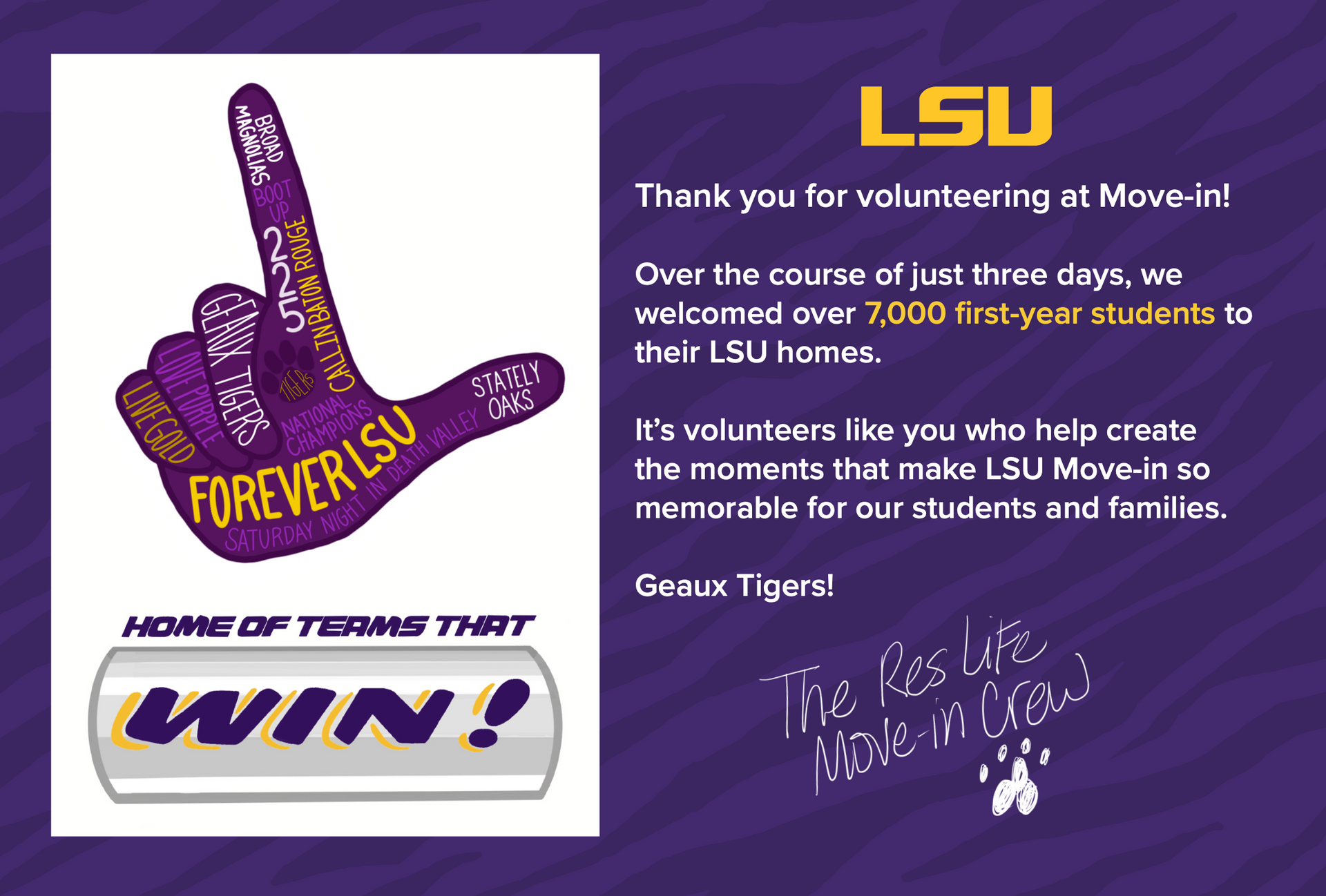 LSU volunteer thank-you flyer with purple tiger mascot hand and “Home of the Terms That Win!” slogan