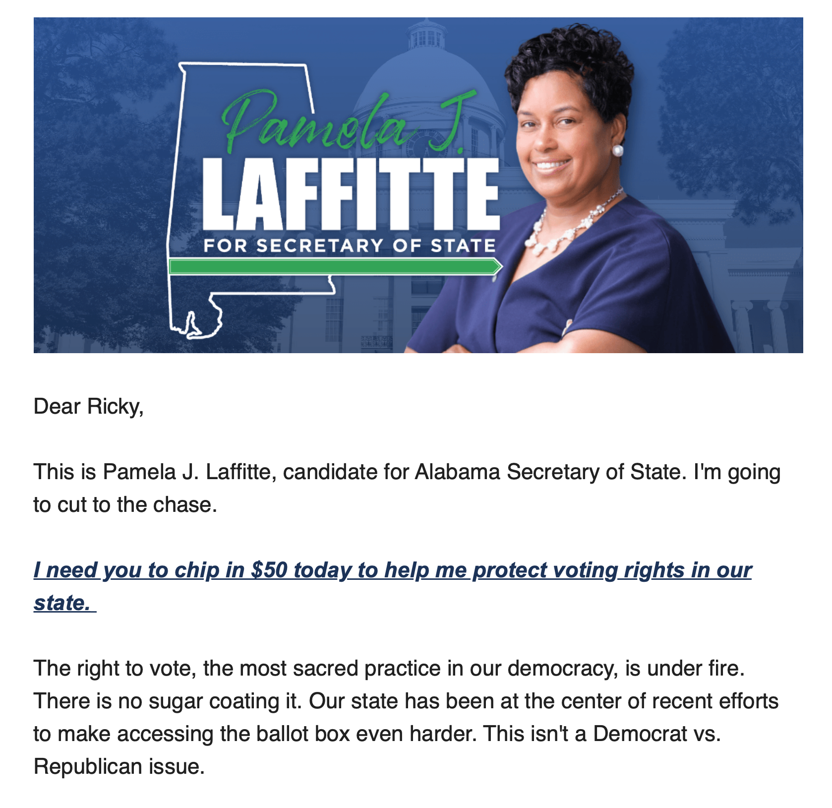 Pamela J. Laffitte campaign email for Alabama Secretary of State, with portrait and blue banner.