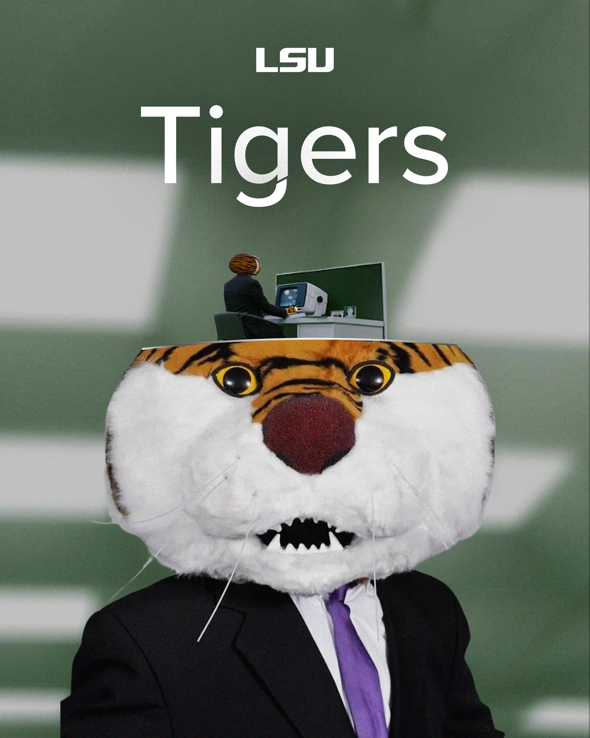 LSU Tigers mascot in a black suit and purple tie with a tiny person sitting on its head