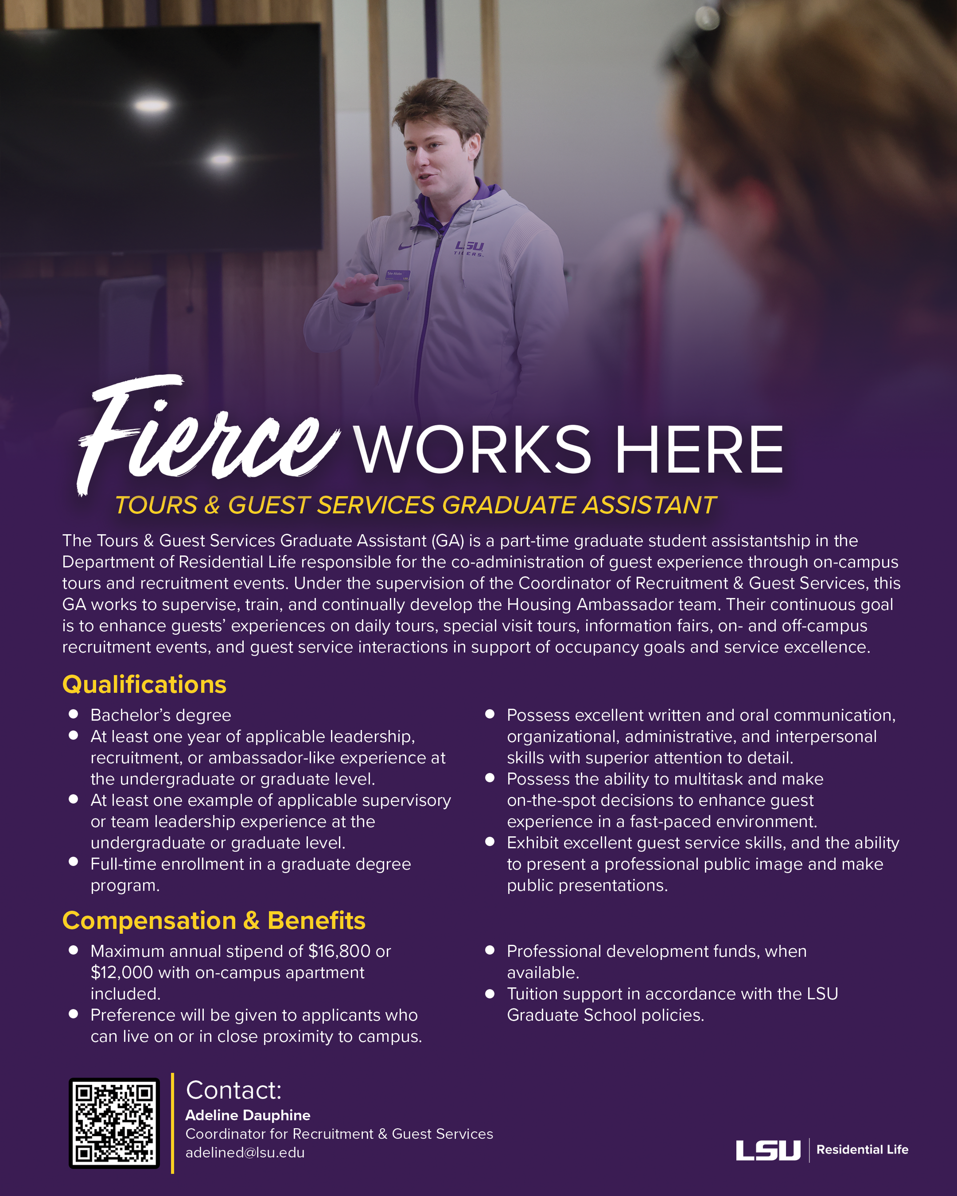 Purple recruitment poster for graduate assistantships, featuring a student and “Fierce works here” title.
