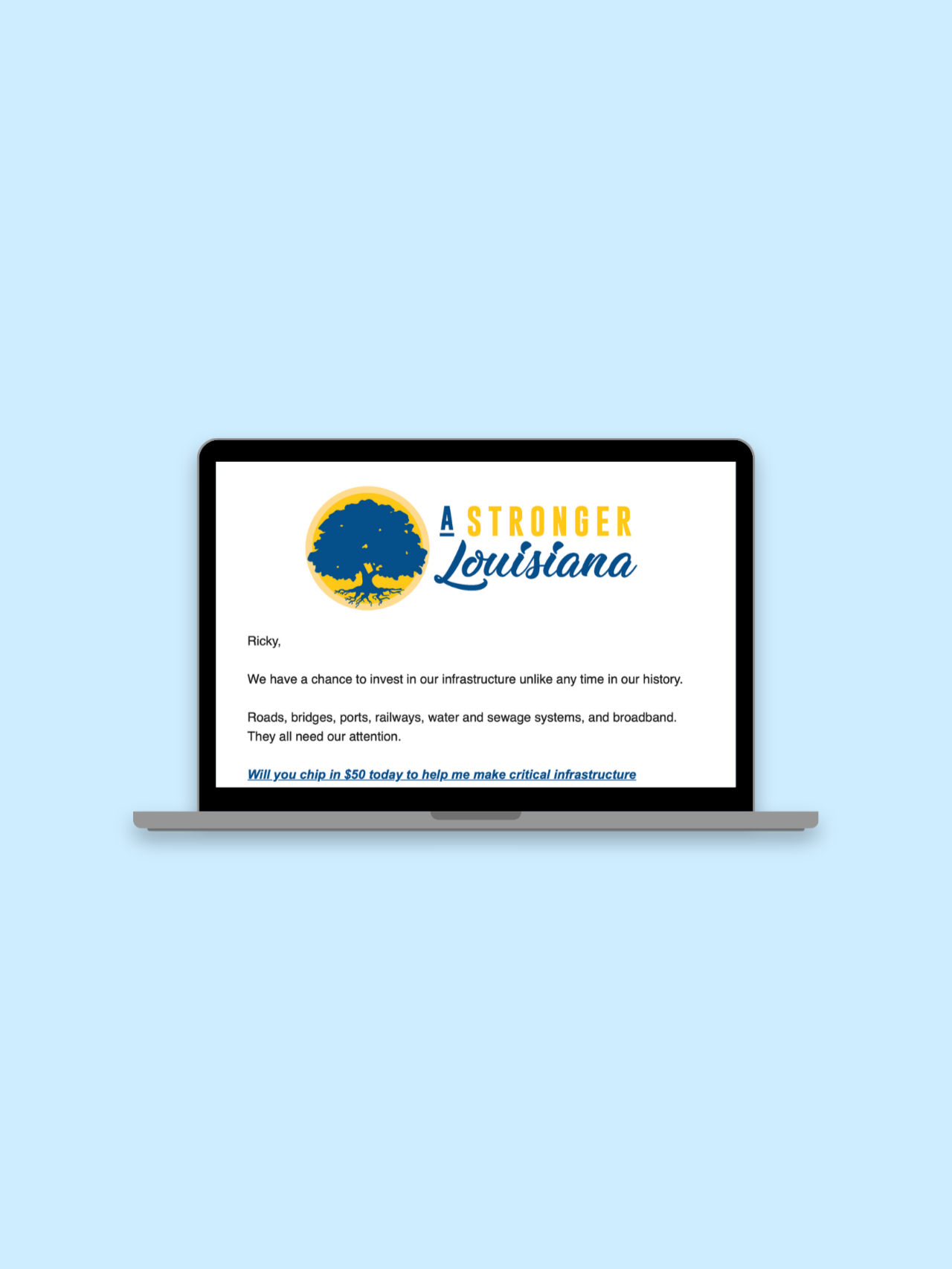 Laptop on light blue background showing a Louisiana-themed website logo and text