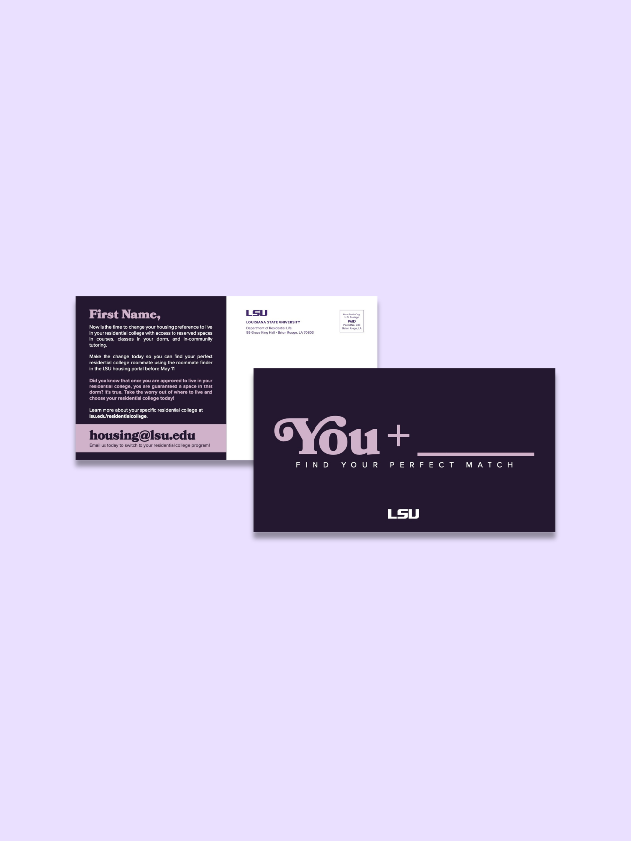 Three business cards on a light lavender background, including a dark purple “You+” card in front.