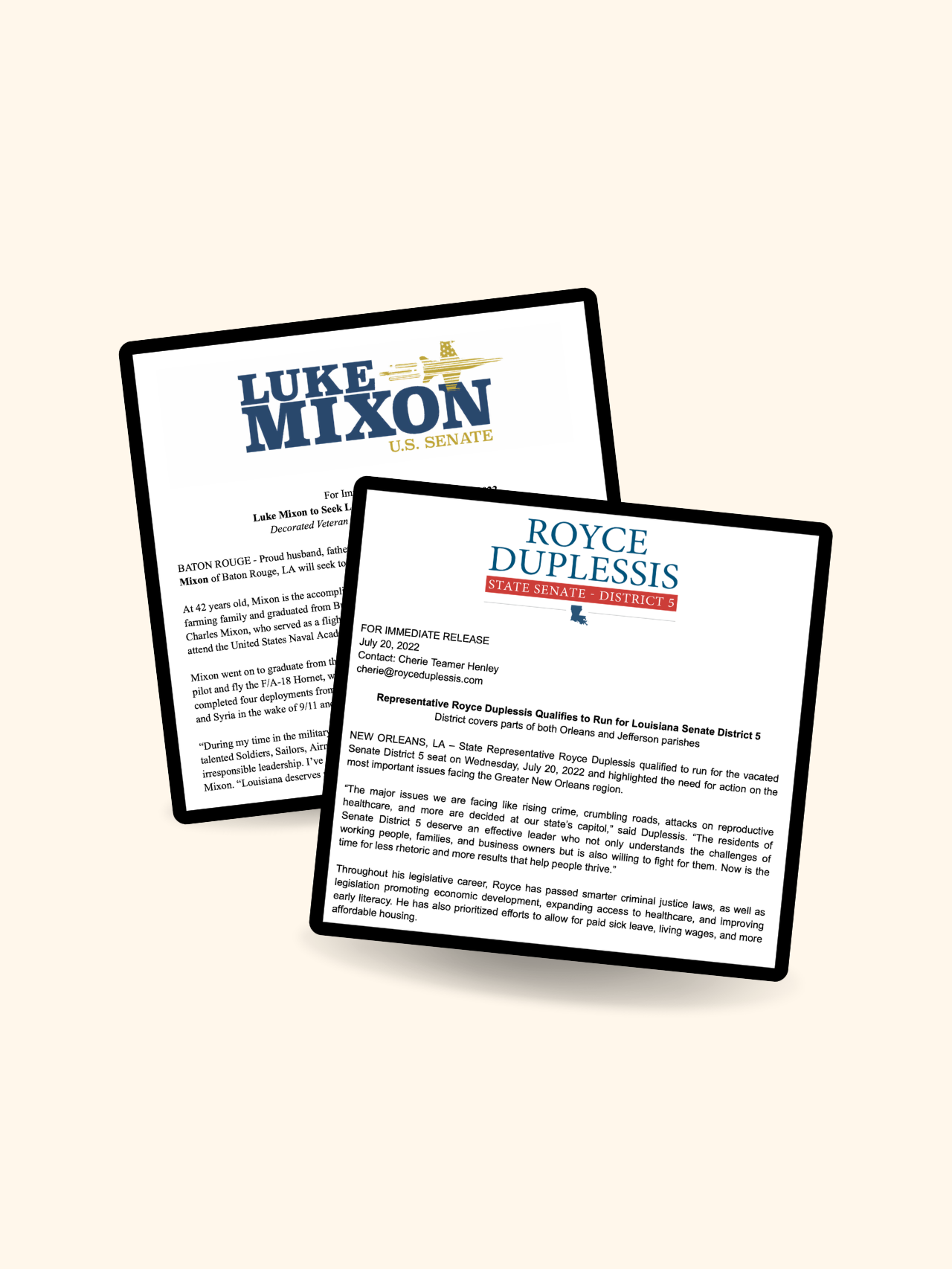 Two overlapping press releases on a beige background, one blue and one red with black borders