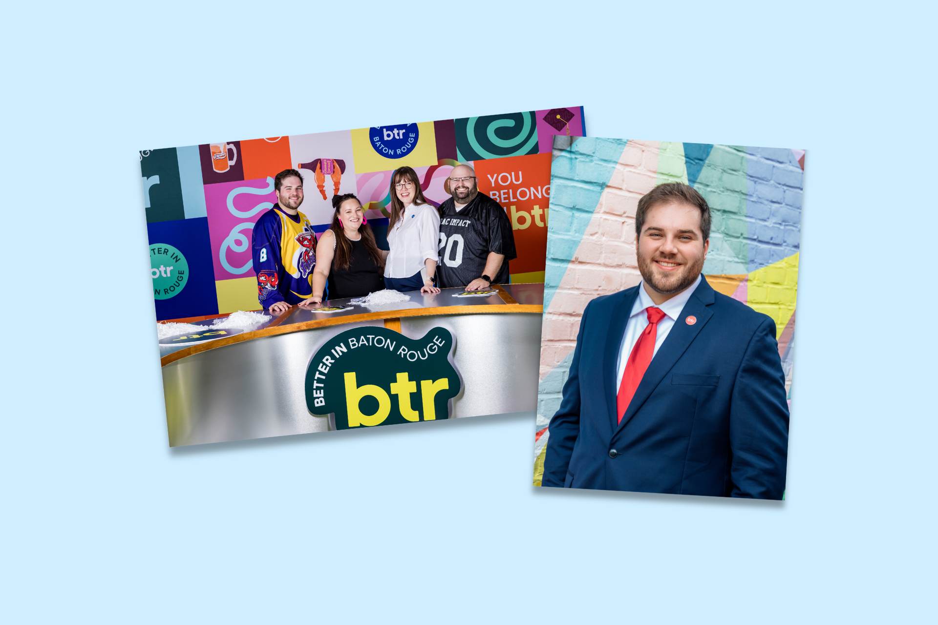 Two office portraits: a colorful studio group photo and a man in a navy suit and red tie