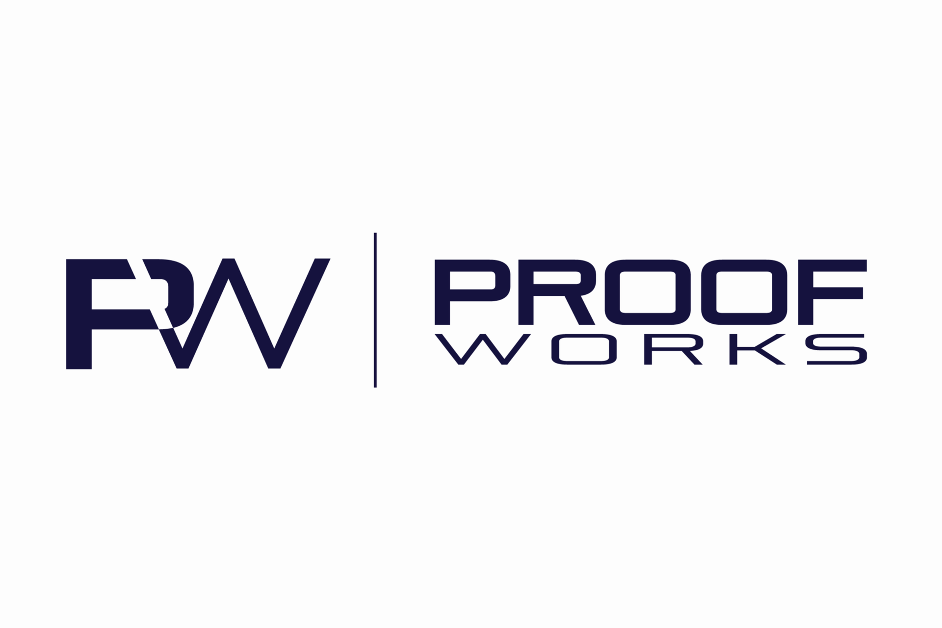 PROOF WORKS logos in dark blue on a white background separated by a vertical line