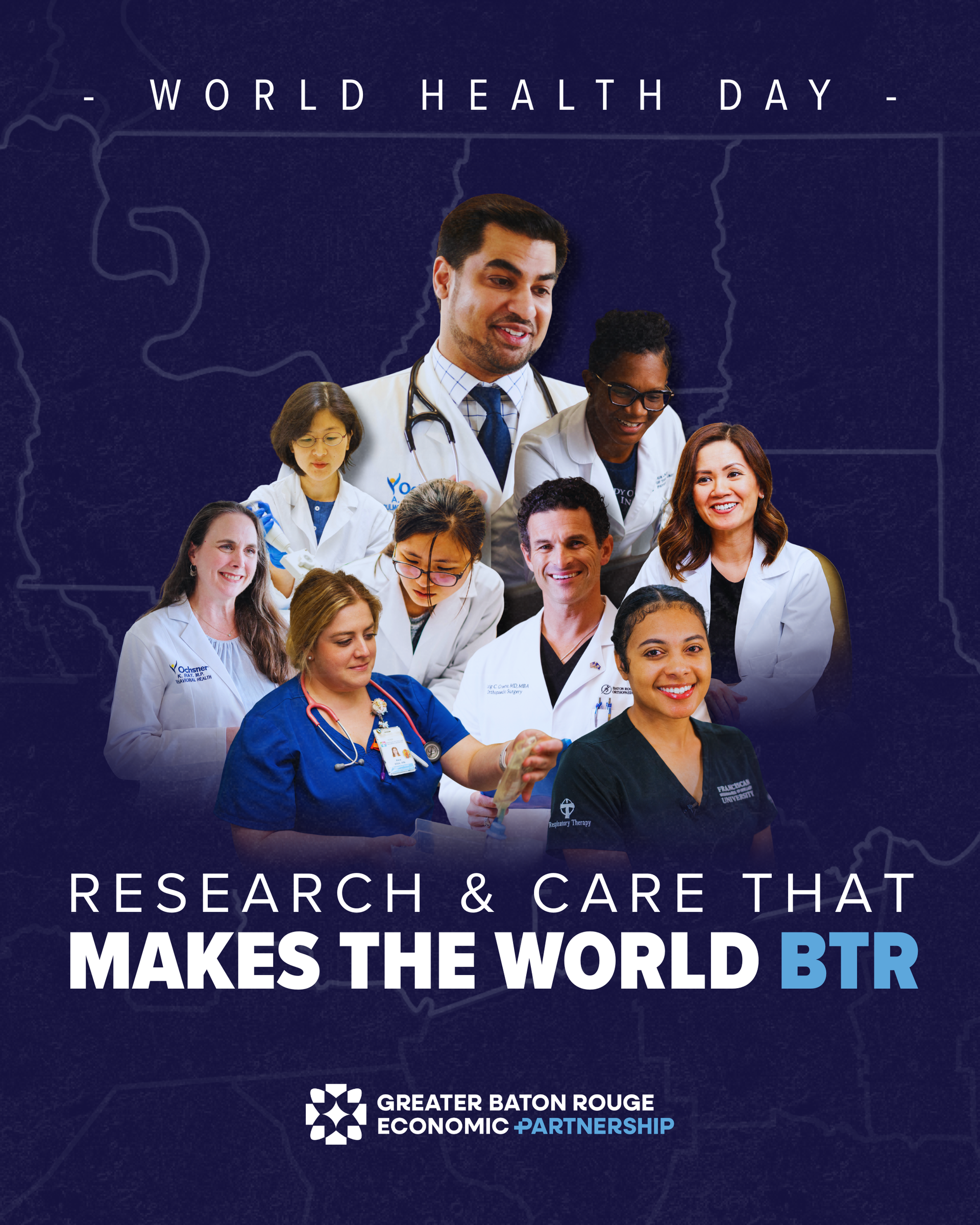 World Health Day poster with diverse healthcare staff and the slogan “Research & Care That Makes the World BTR”
