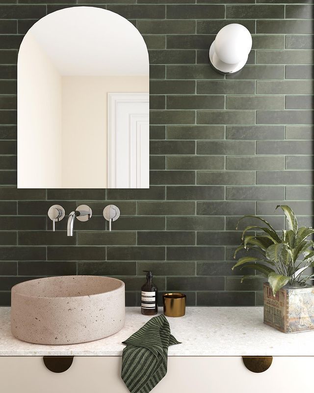 Bathroom With Green Argile Tiles, A Sink, A Mirror And A Plant — Tile Trends in Byron Bay, NSW