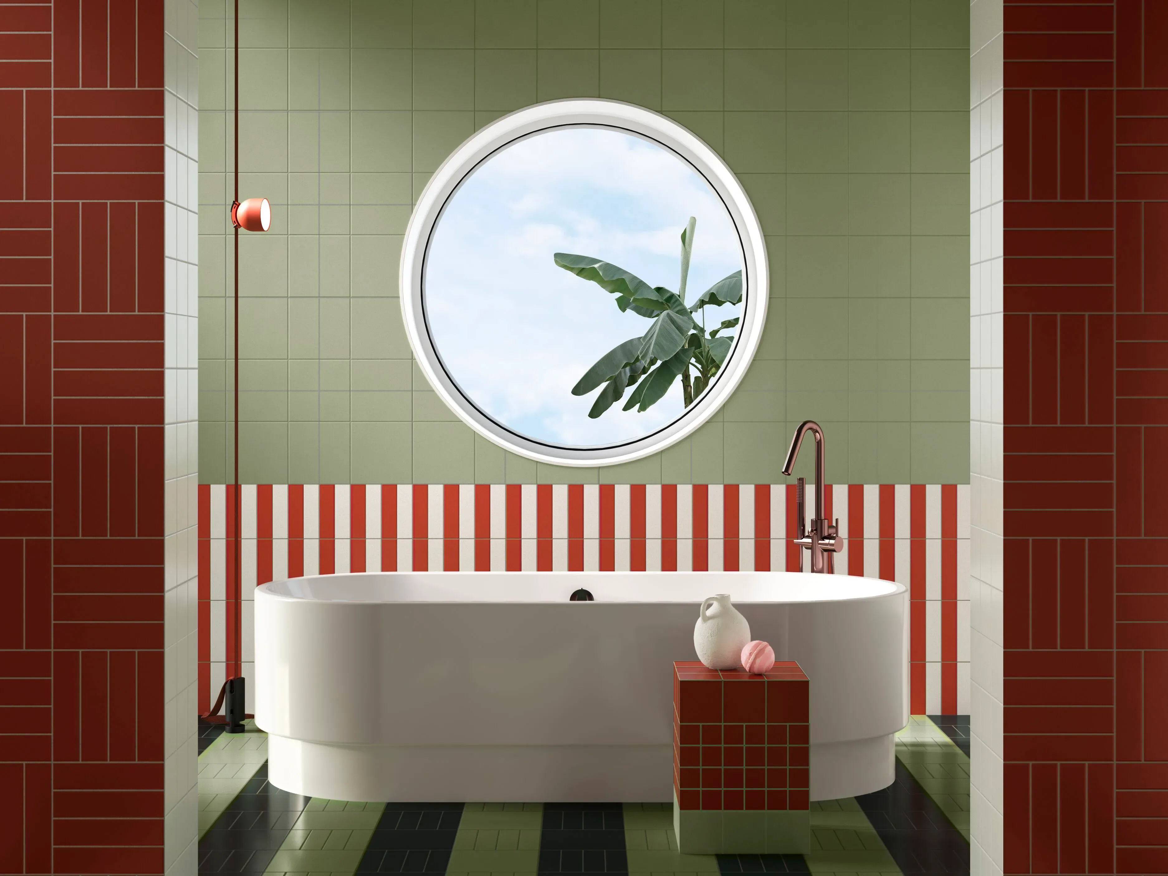 Bathroom With Green And Red Tiles And Round Window — Tile Trends in Tweed Heads South, NSW