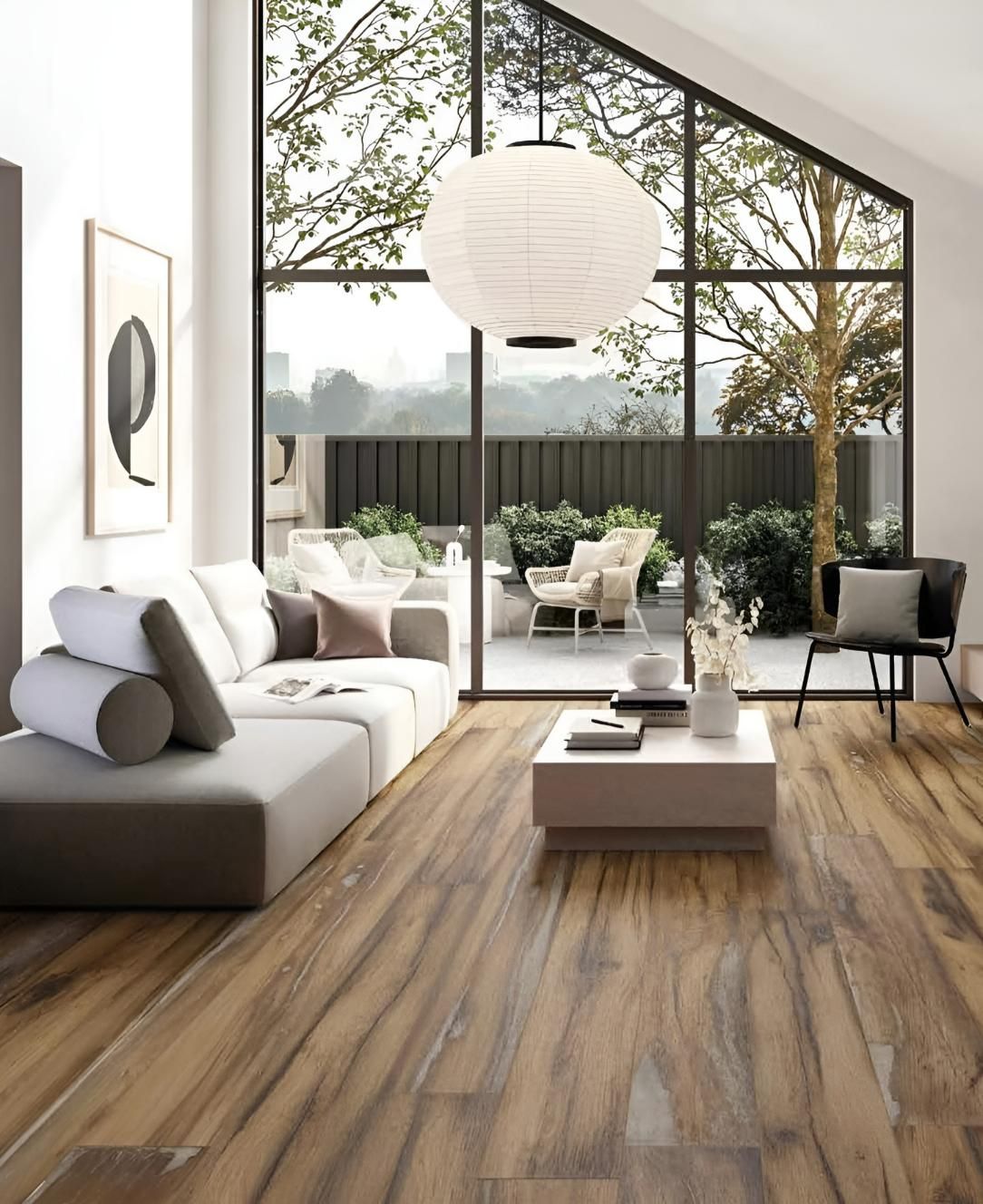 Concrete Infused Into Long Timber Plank Tiles In The Living Room — Tile Trends in Ballina, NSW