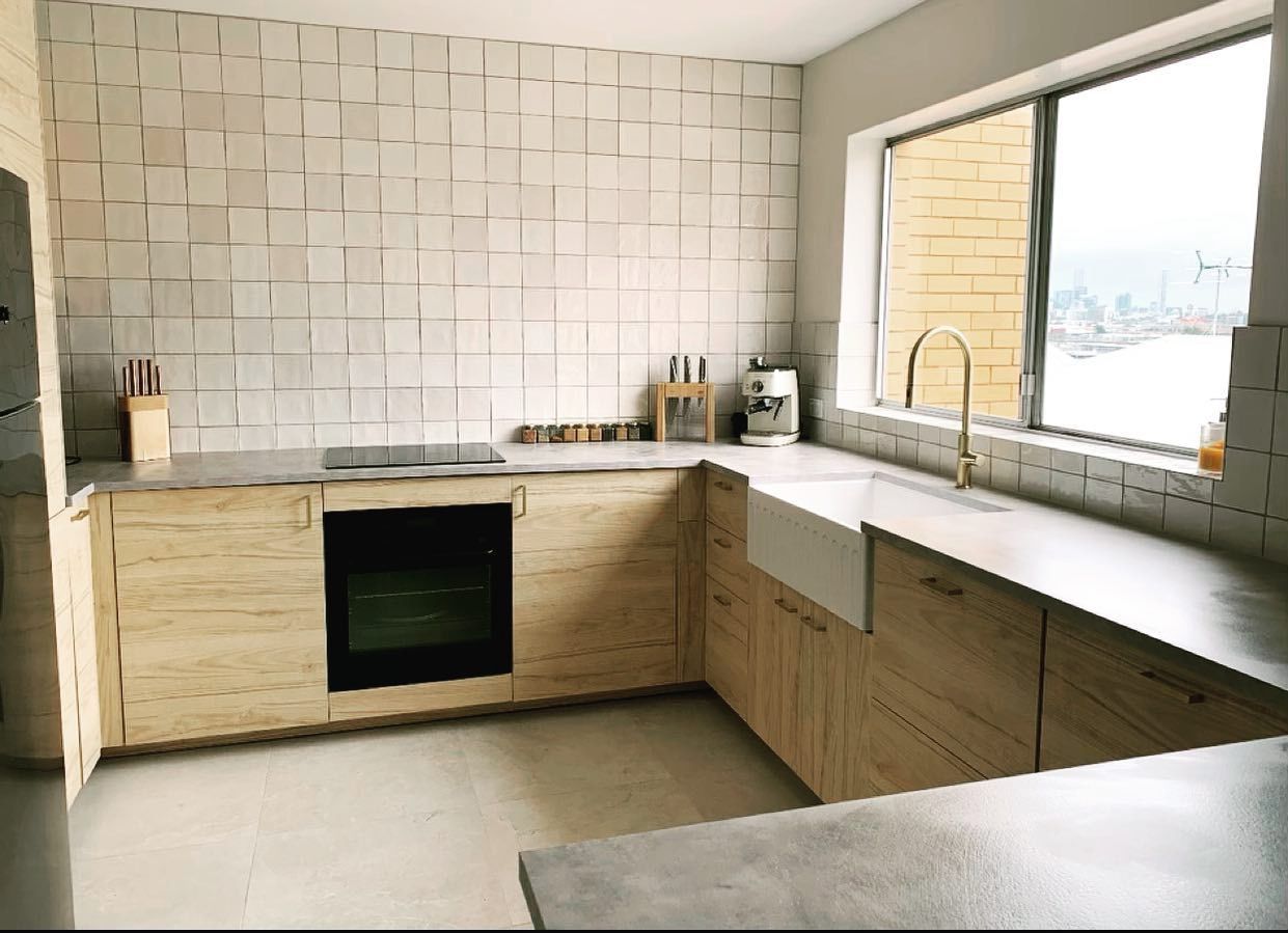 Kitchen With Wooden Cabinets, And Square Tiles — Tile Trends in Byron Bay, NSW
