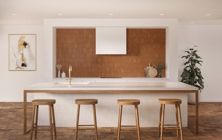 Kitchen With A Large Island And Wooden Stools — Tile Trends in Ballina, NSW