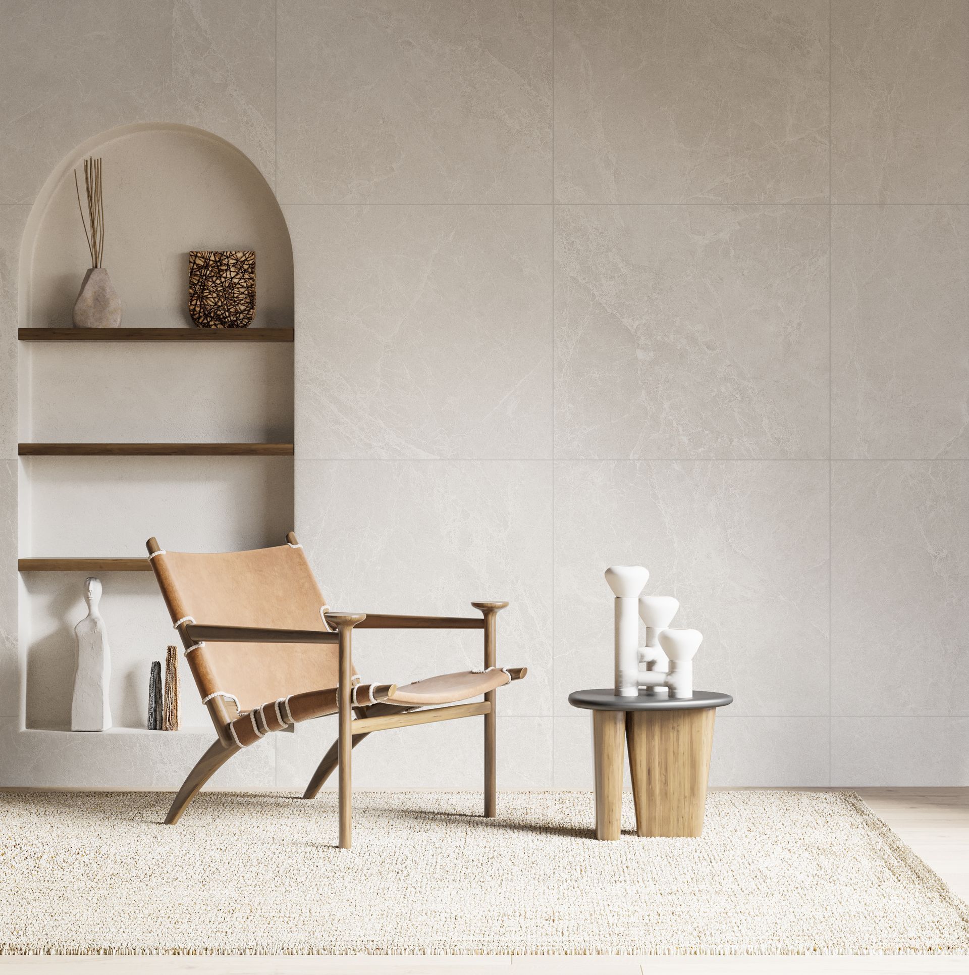 Cozy room: Tan leather chair, wooden side table with white decor — Tile Trends in Tweed Heads South, NSW