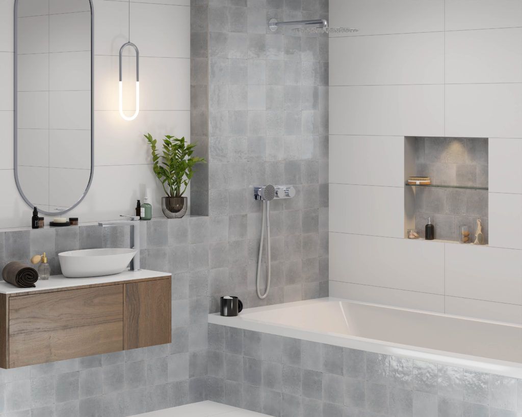 Modern Bathroom With Grey Square Tiles And Bathtub And Sink — Tile Trends in Byron Bay, NSW