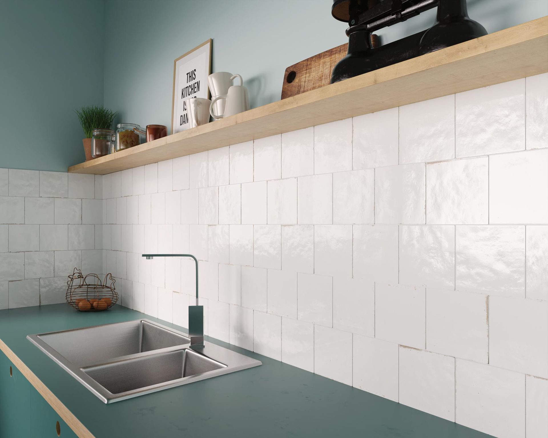 Kitchen With White Tiles And A Shelves — Tile Trends in Byron Bay, NSW
