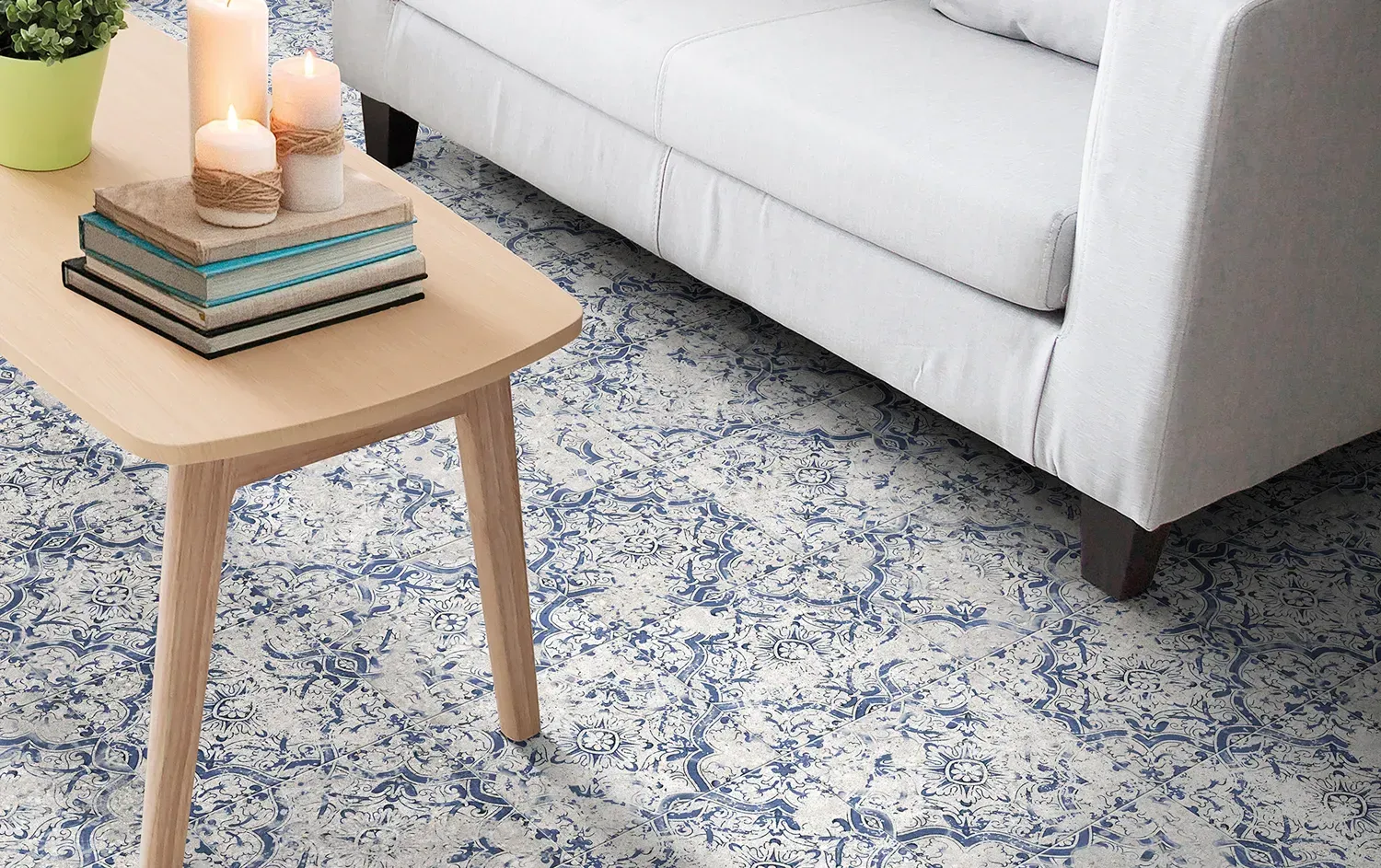 Living Room With Blue Patterned Tiles — Tile Trends in Ballina, NSW