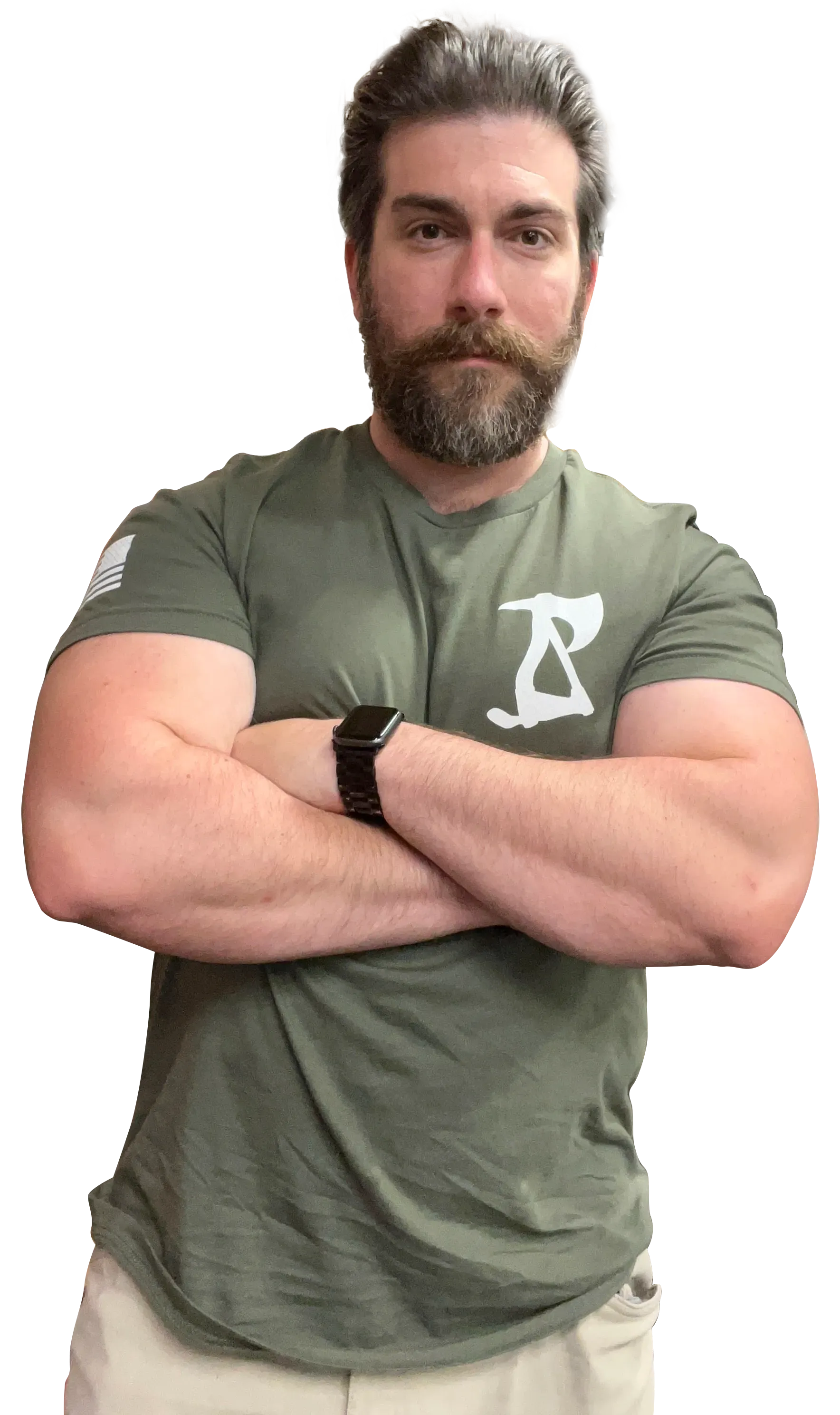 Man with crossed arms, wearing green t-shirt and smartwatch. Graying beard and serious expression. 