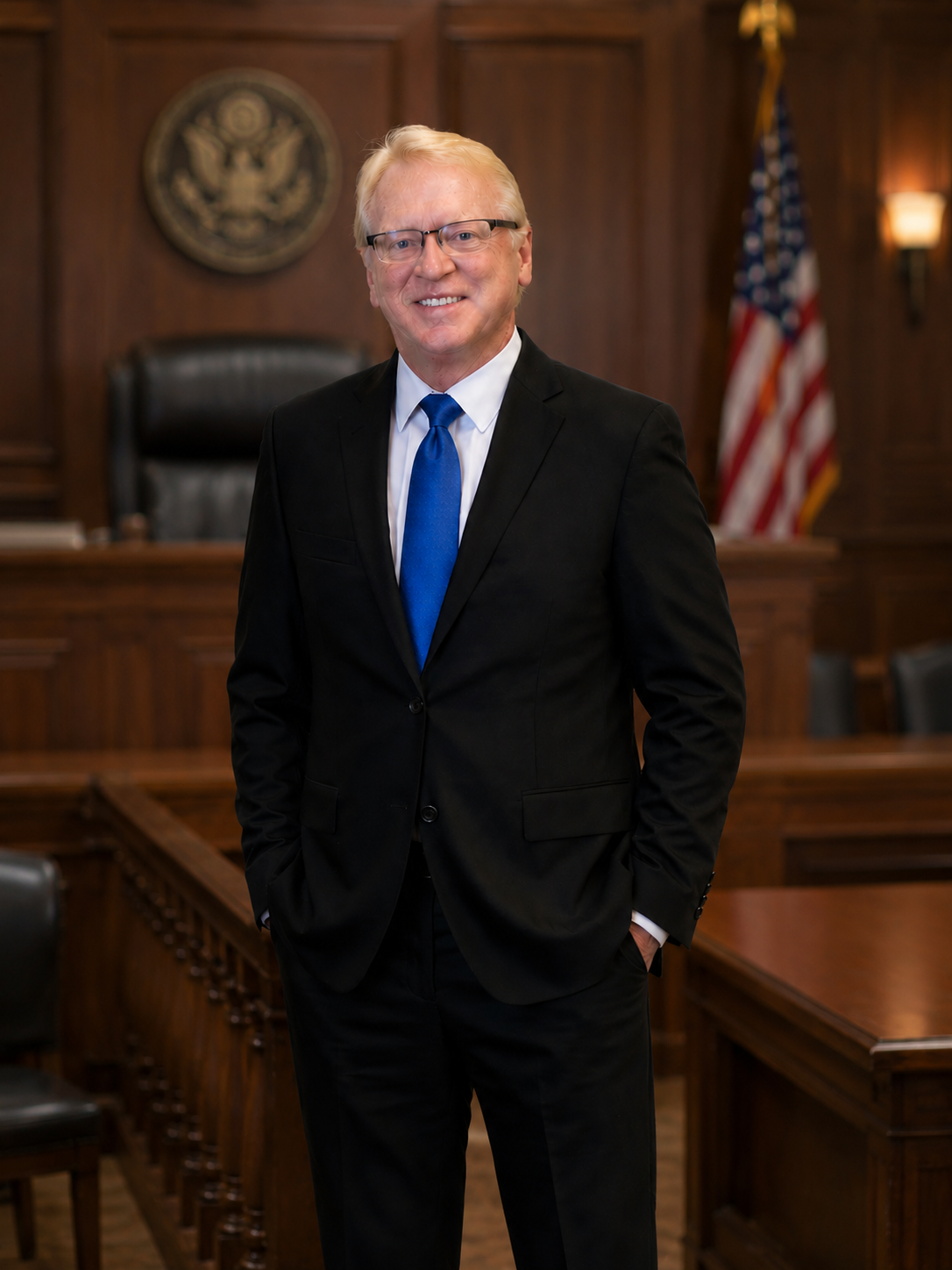 Man in a black suit and blue tie standing in a courtroom, with U.S. flags and a judge's bench behind him.