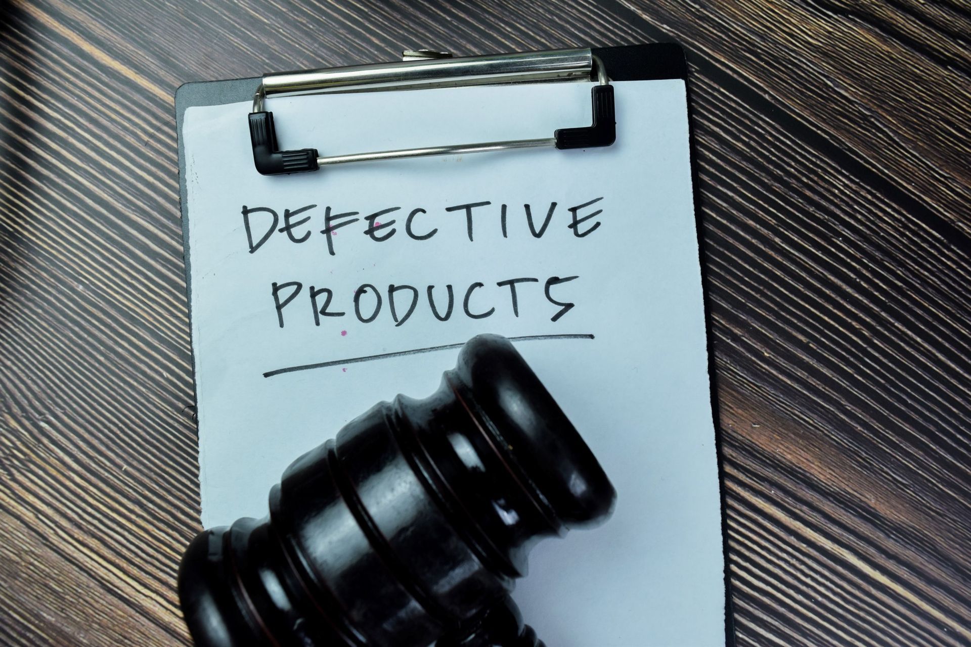 Clipboard with “DEFECTIVE PRODUCTS” note and a black gavel on a wooden surface