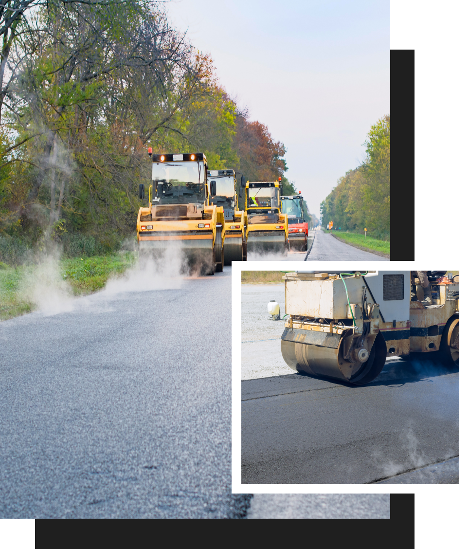A collage of three pictures of a road being paved