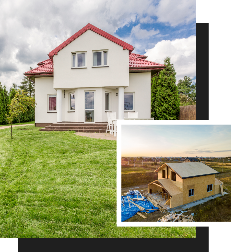 A white house with a red roof and a picture of a house under construction.