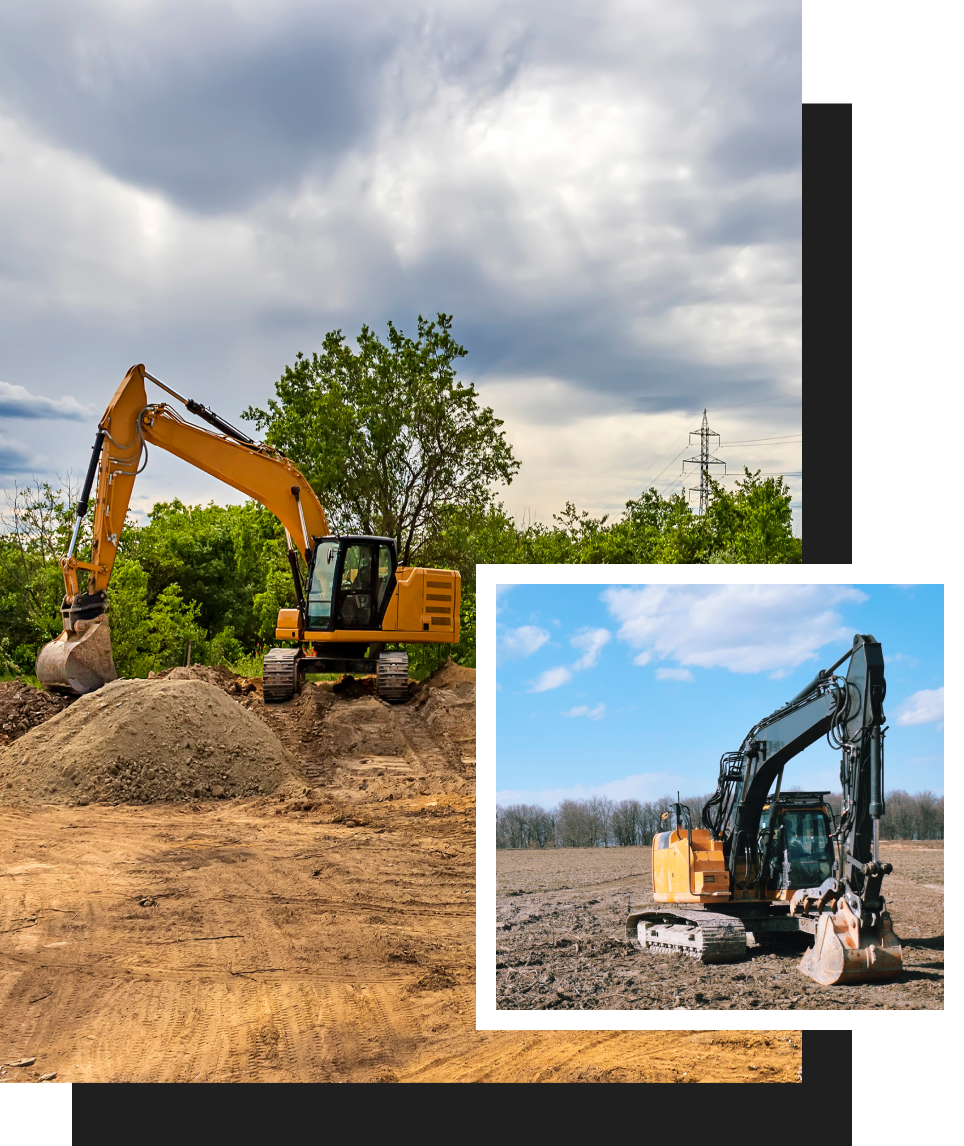 A yellow excavator is digging a hole in a dirt field.