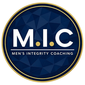 M.I.C. Men's Integrity Coaching logo in white and gold on a dark blue circular background