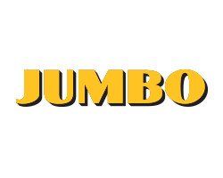 JUMBO-tekst in geel met zwarte schaduw, waarschijnlijk een logo.