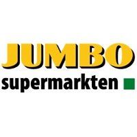 JUMBO supermarkten logo: gele tekst met zwarte omlijning, zwarte tekst eronder, groen vierkant.