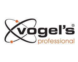 Het logo van Vogel's Professional: Zwarte tekst met atoomteken, oranje stippen en 