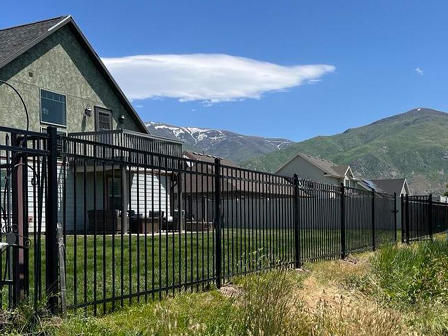 Black metal fence along grassy yard with houses and mountains under a blue sky