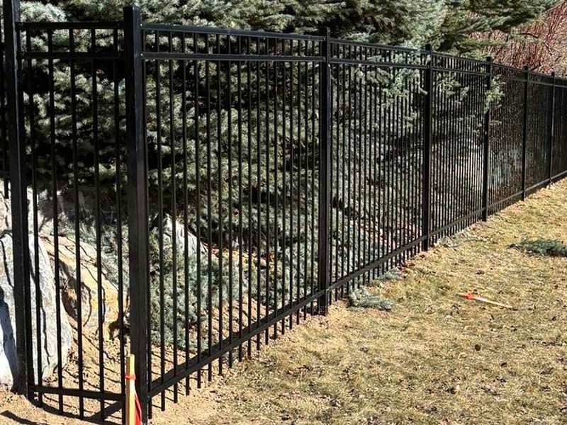 Black metal fence along a grassy slope with trees in the background