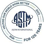 ASTM International 125-year anniversary logo with circular blue-green text on a white background