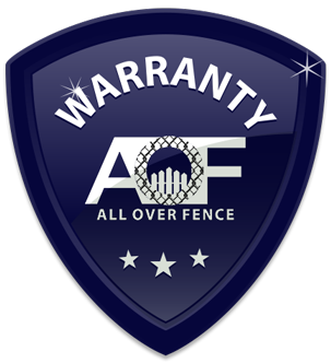 Blue shield logo with “WARRANTY” and “All Over Fence” text and three stars