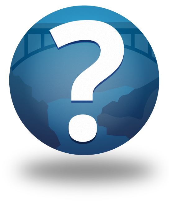 Blue question mark icon on a globe with a soft shadow underneath