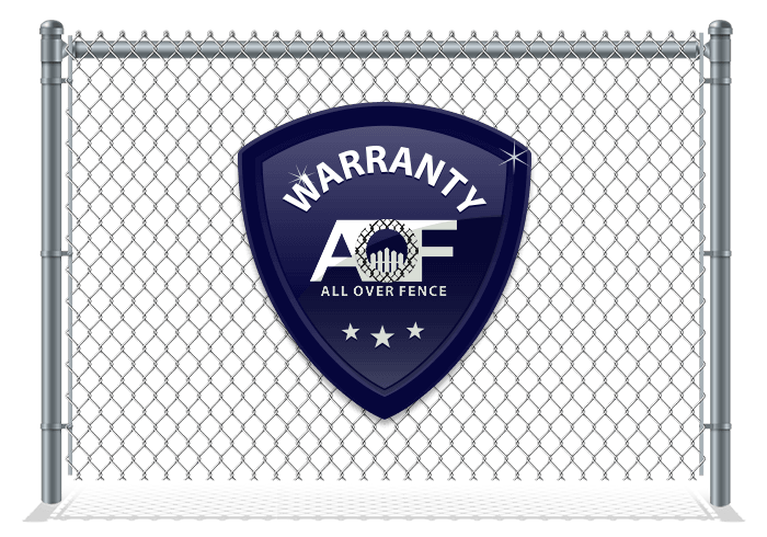 Blue warranty shield logo on a chain-link fence with “All Over Fence” text