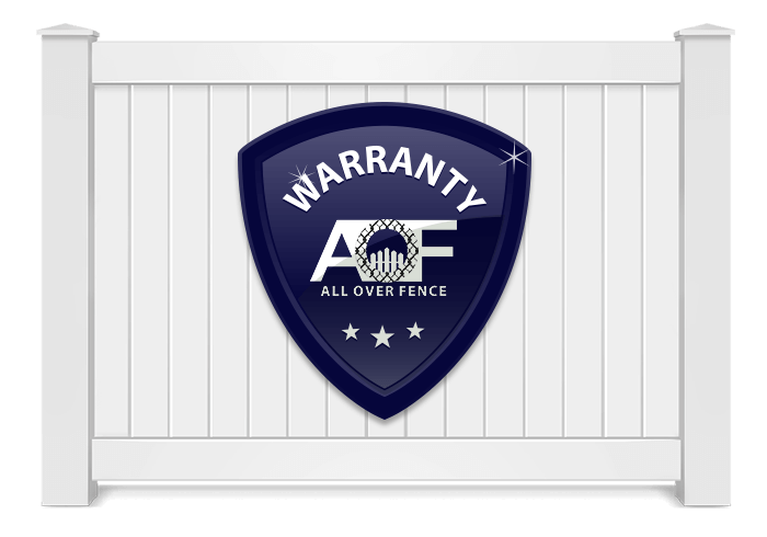 White fence with navy shield logo reading “Warranty” and “All Over Fence” in the center.