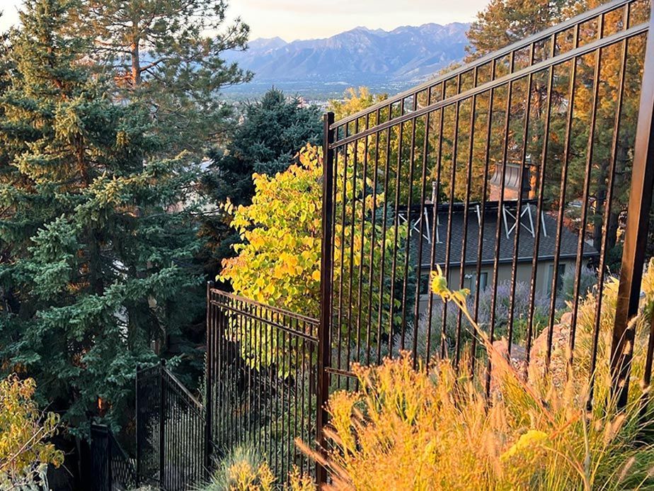 Mountain view with autumn foliage and a black metal fence along a hillside path