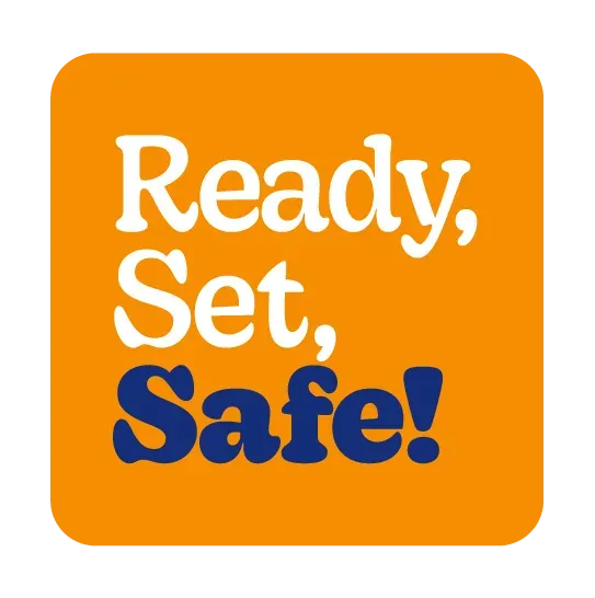 Orange square logo reading “Ready, Set, Safe!” in white and blue text.
