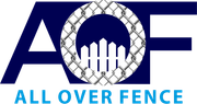Blue "AOF" logo with a tire forming the O and a fence icon inside, with "ALL OVER FENCE" below