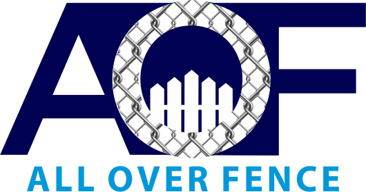 Blue "AOF" logo with a tire forming the O and a fence icon inside, with "ALL OVER FENCE" below