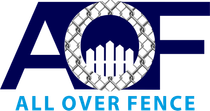 Blue "AOF" logo with a tire forming the O and a fence icon inside, with "ALL OVER FENCE" below
