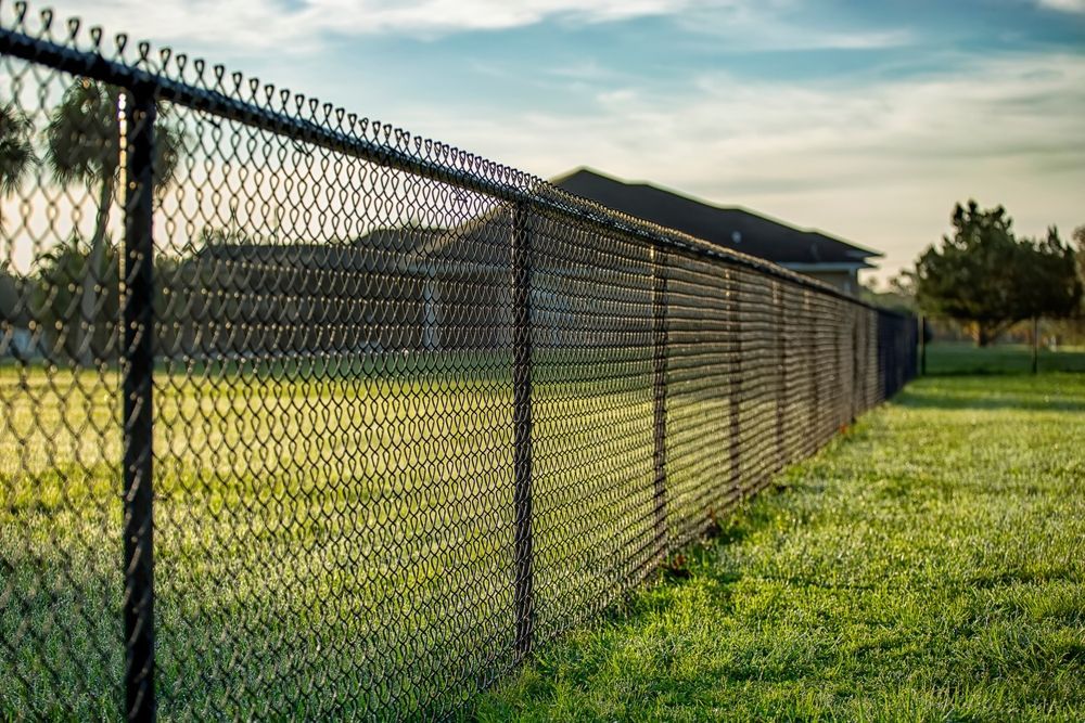 Chain-link fence bordering a grassy field at sunset with mountains in the background