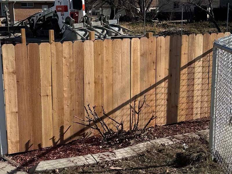 Wooden privacy fence beside a chain-link fence, with a fallen branch and yard debris in front.