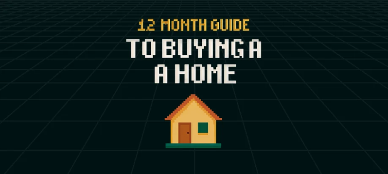 12-month guide to buying a home with a small house icon on a dark grid background