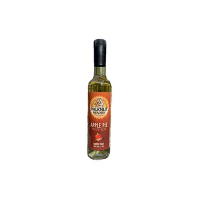 Bottle of Apple Pie flavored liquor with brown label and black cap.