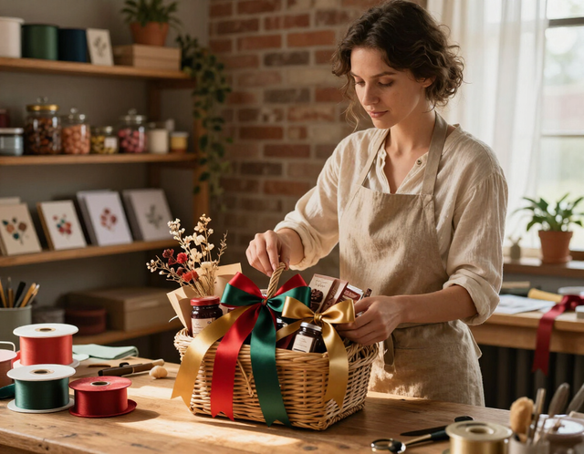 Danette arranging a custom gift basket