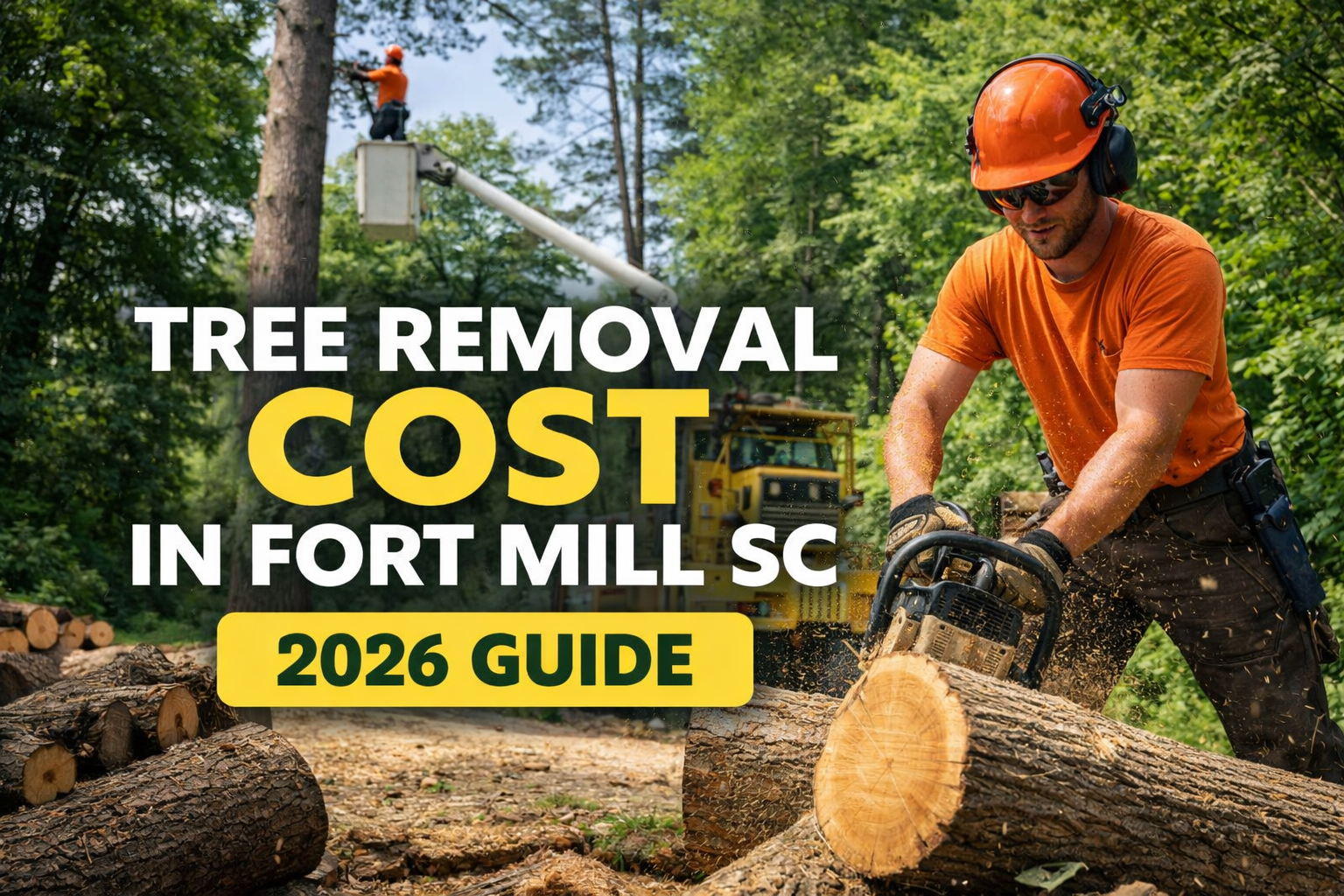 A worker in protective gear uses a chainsaw on a log near an aerial lift, with text about tree removal costs in Fort Mill.