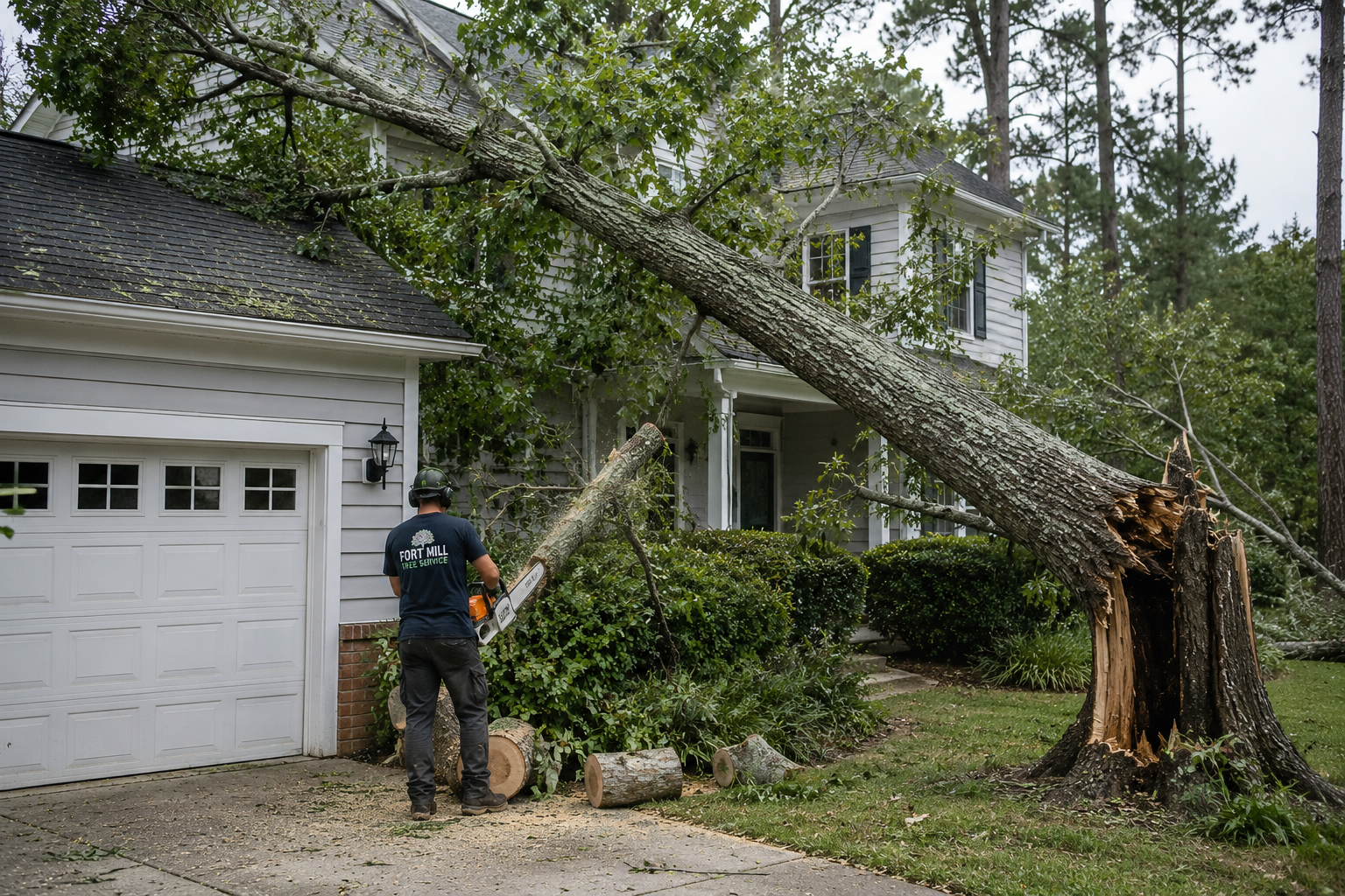 Fort Mill Tree Service arborist safely removing a dead hazardous tree from a residential property in Fort Mill SC.