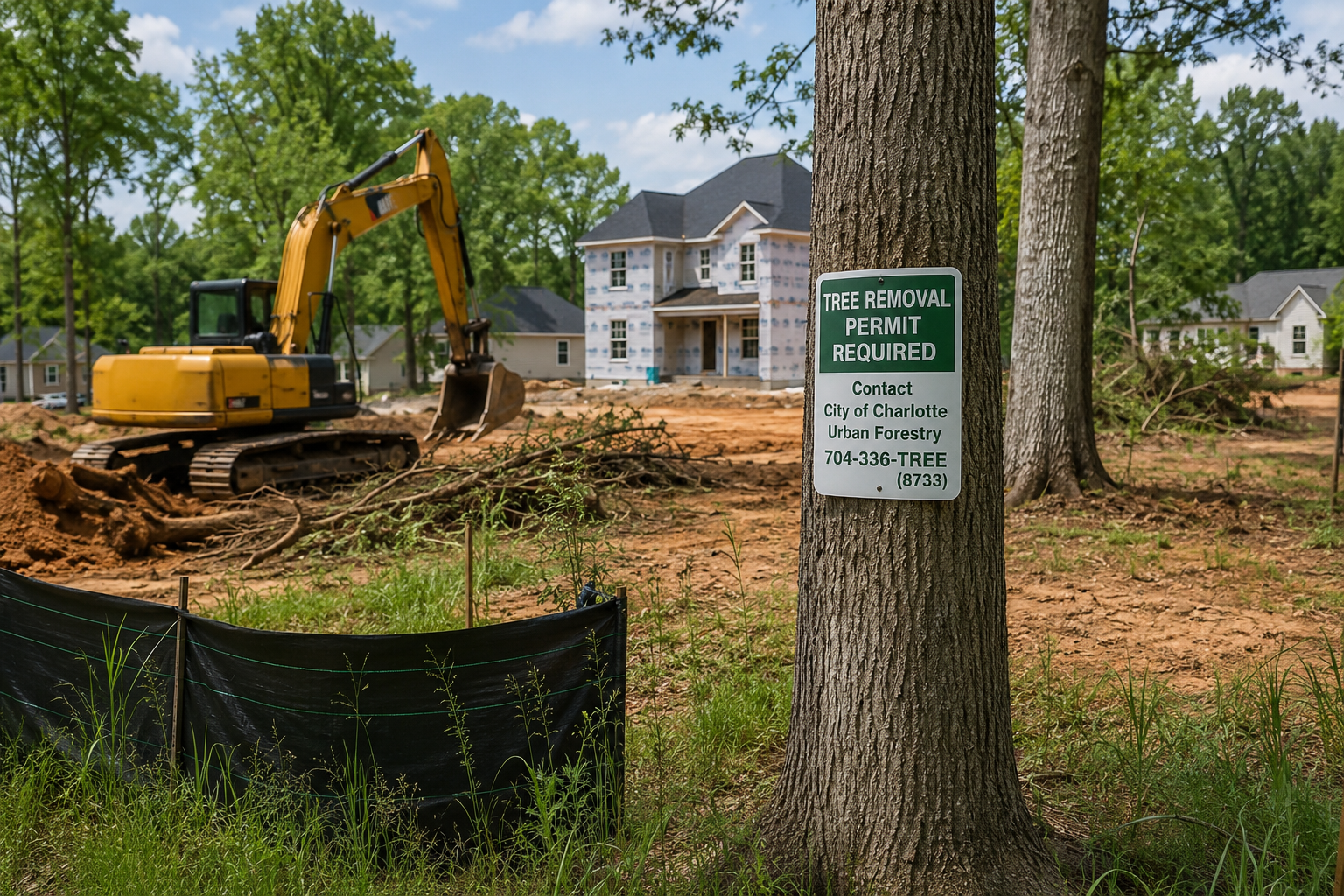 Suburban construction site in Fort Mill SC with cleared lot, heavy equipment, and marked trees during land development and tree removal project.